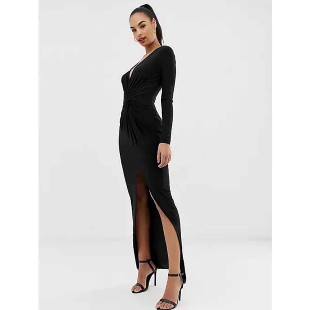 Bebe Vintage y2k V Plunge Twist Knot High Low Bodycon LBD Ribbed gown dress S